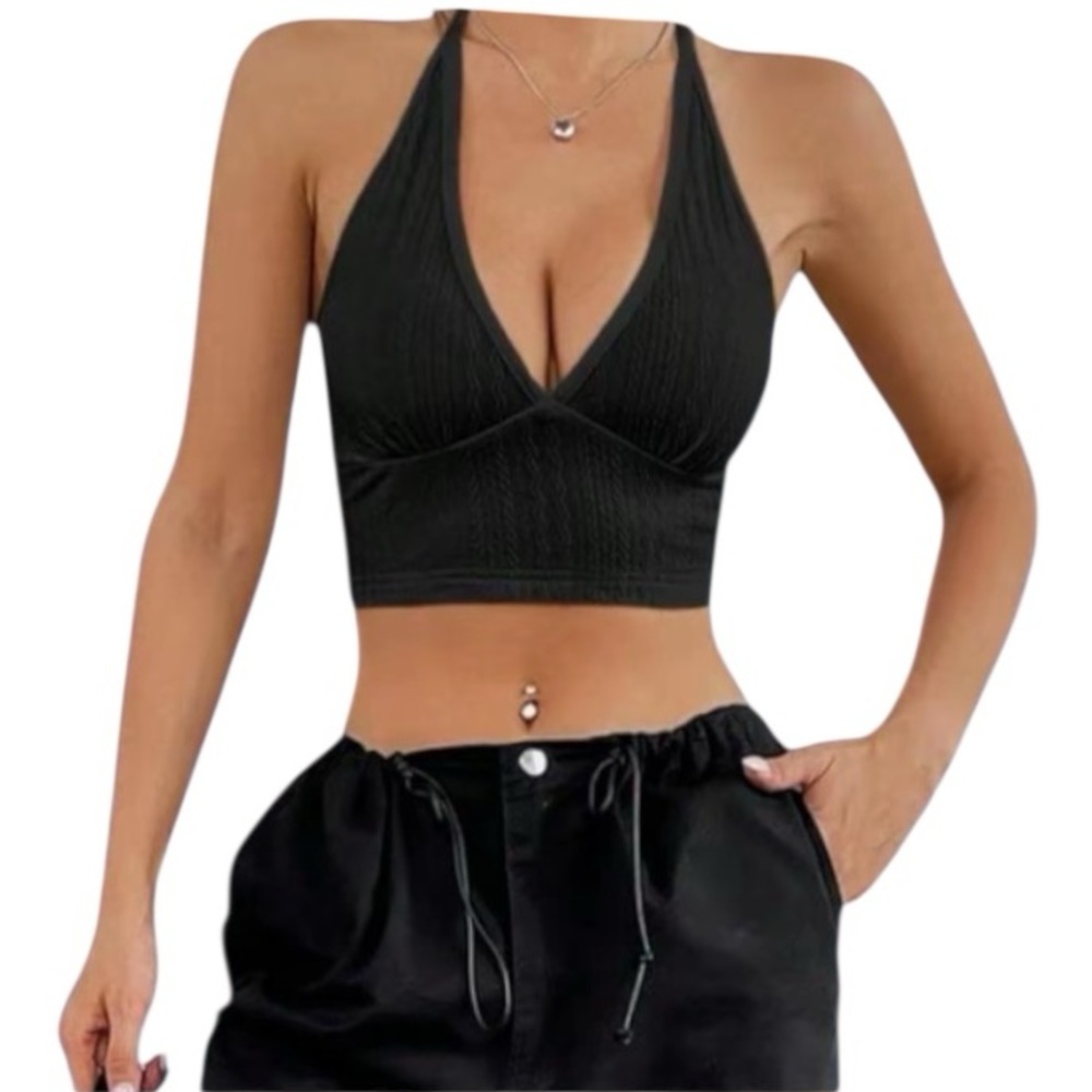 V Neck Halter Crop Top